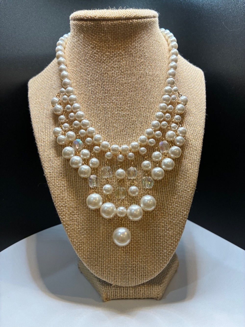Vintage Signed Japan Multi-Strand Pearl And Crystal Bib Necklace